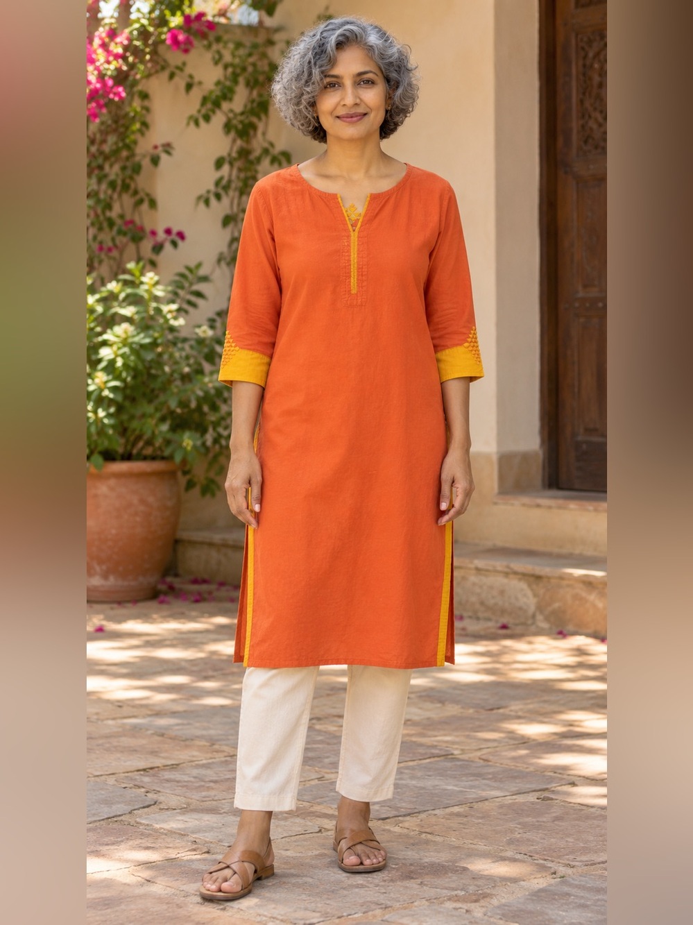 Fabindia Cotton Orange Embroidered Kurta Tunic Size M